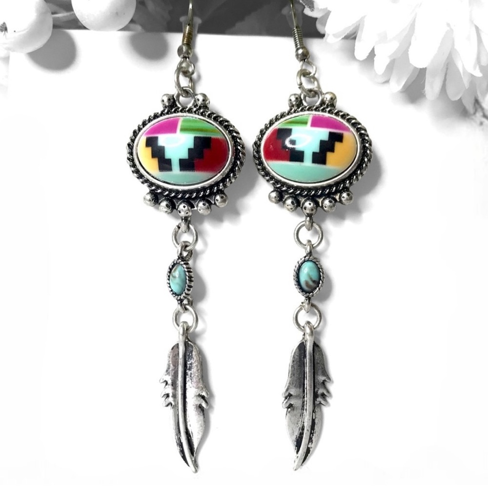 New! Aztec dangle feather drop stone earrings Boho cute trendy earrings